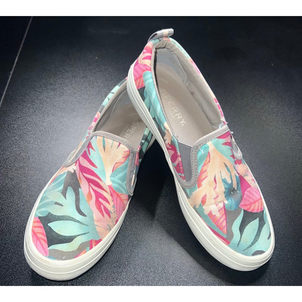 Sperry Crest Vibe Tropical Floral Slip On Sneakers Womens 6M Pink Teal STS87481